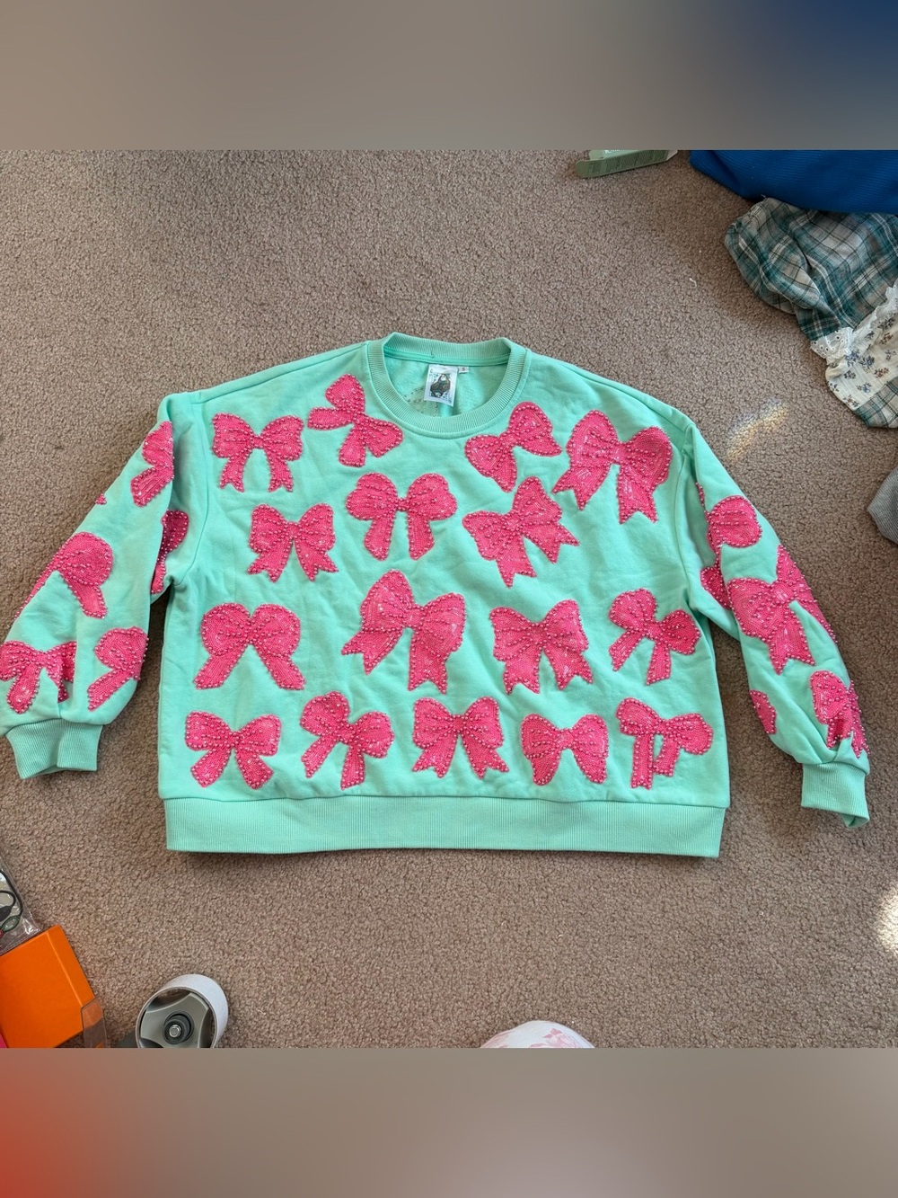 Queen of sparkles Mint Green Sweatshirt with Pink Pearl Sequin embellished Bows